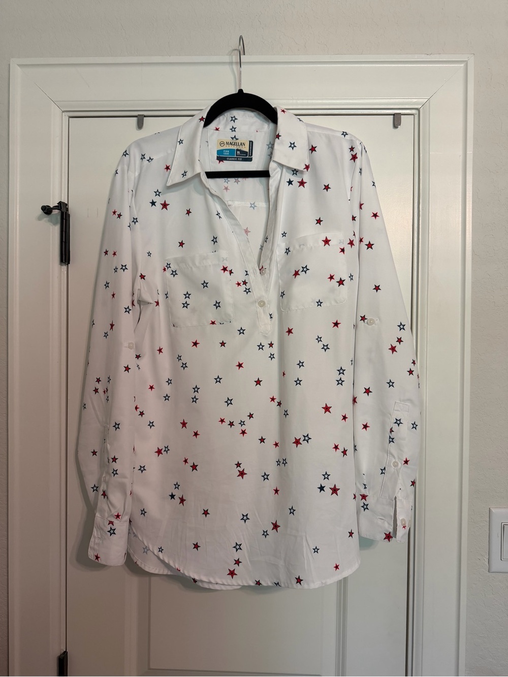 Magellan Outdoors White Long-Sleeve Shirt with Red & Navy Stars